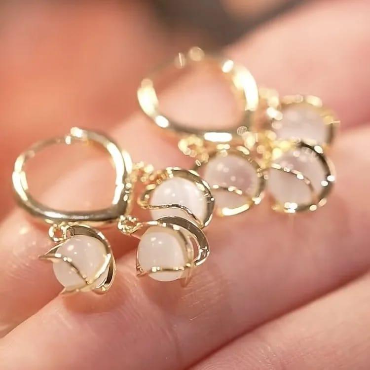 Gold-Toned Hoop Earrings with Dangling White Stone Charms Boho Bloom