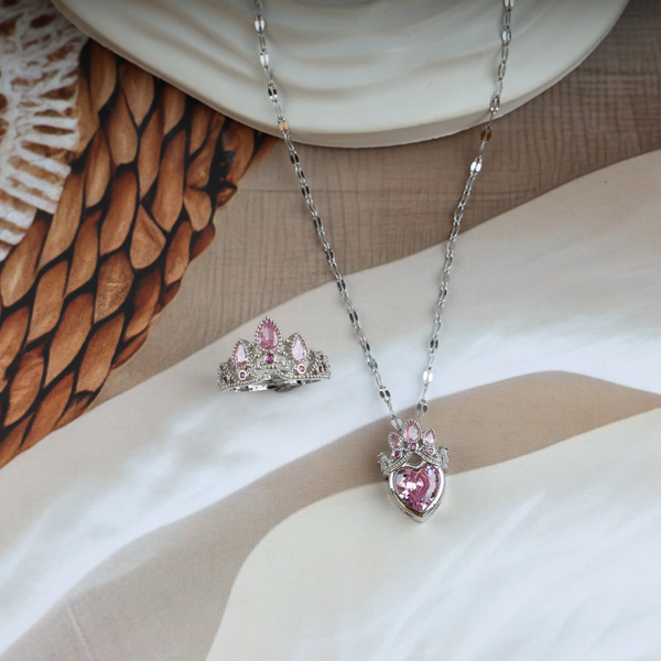 Love Pink Crown Necklace, Ring Set Boho Bloom