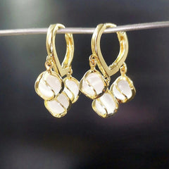 Gold-Toned Hoop Earrings with Dangling White Stone Charms Boho Bloom