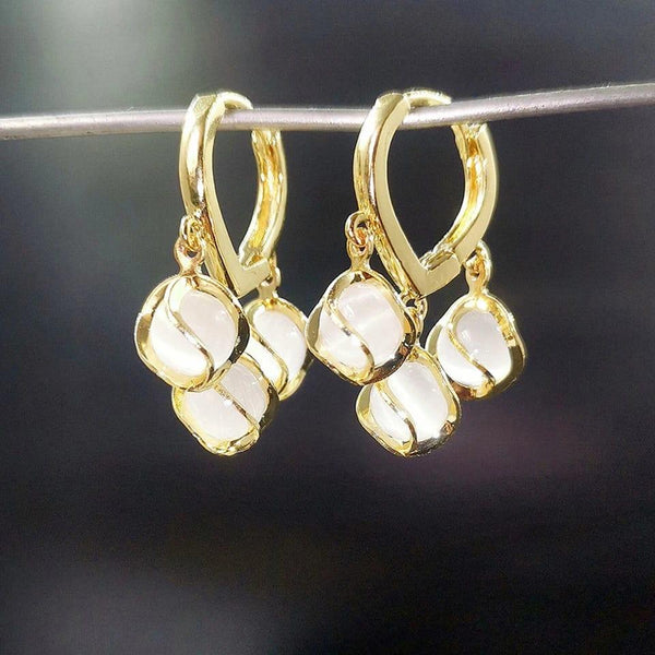 Gold-Toned Hoop Earrings with Dangling White Stone Charms Boho Bloom