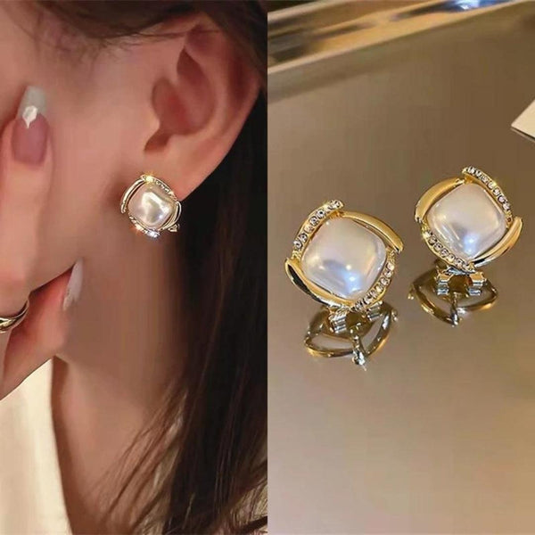 Gold Pearl Square Stud Earrings Boho Bloom