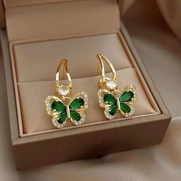 Crystal Green Butterfly Gold Drop Earring Boho Bloom