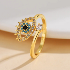 Evil Eye With Blue And white Shiny Crystal Ring Boho Bloom