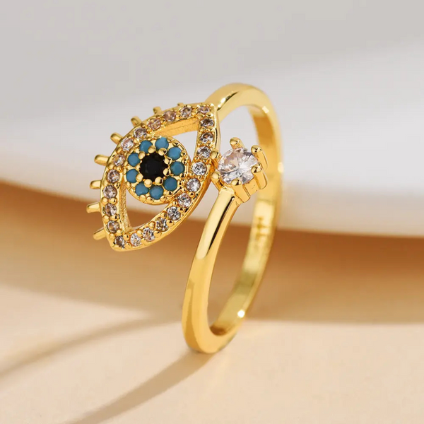 Evil Eye With Blue And white Shiny Crystal Ring Boho Bloom