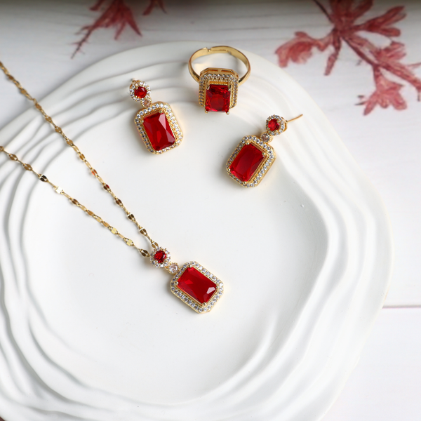 Love Red Cube Shape Necklace, Ring, Earring Set Boho Bloom