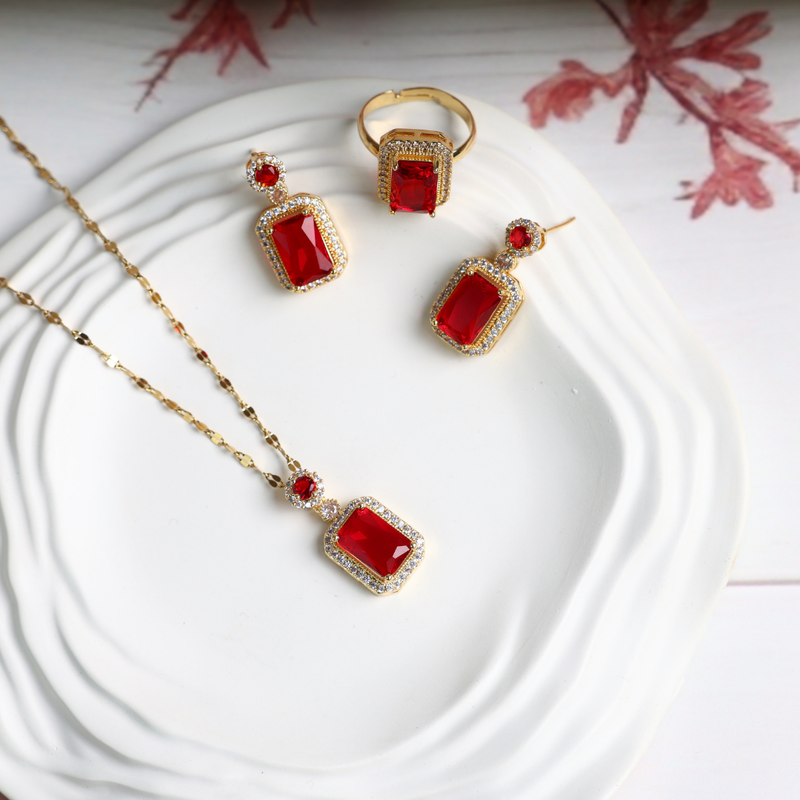 Love Red Cube Shape Necklace, Ring, Earring Set Boho Bloom