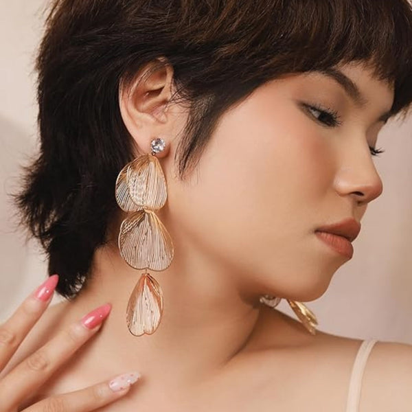 Rose Gold Metal Leaf Long Stud Earrings Boho Bloom