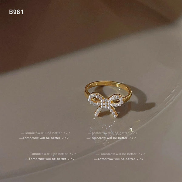 Gold Bow Ring With White Pearl Boho Bloom