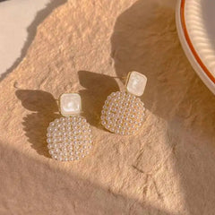 Double Square Golden Pearl Earring Boho Bloom