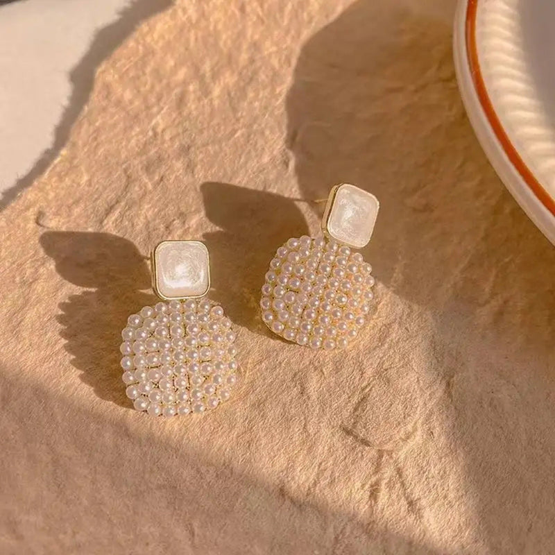 Double Square Golden Pearl Earring Boho Bloom
