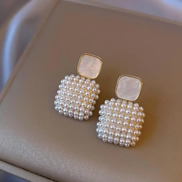 Double Square Golden Pearl Earring Boho Bloom