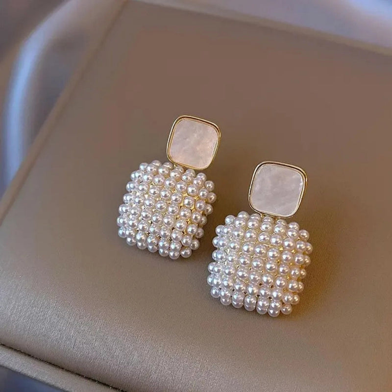 Double Square Golden Pearl Earring Boho Bloom