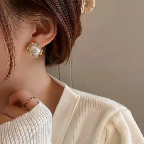 Gold Pearl Square Stud Earrings Boho Bloom