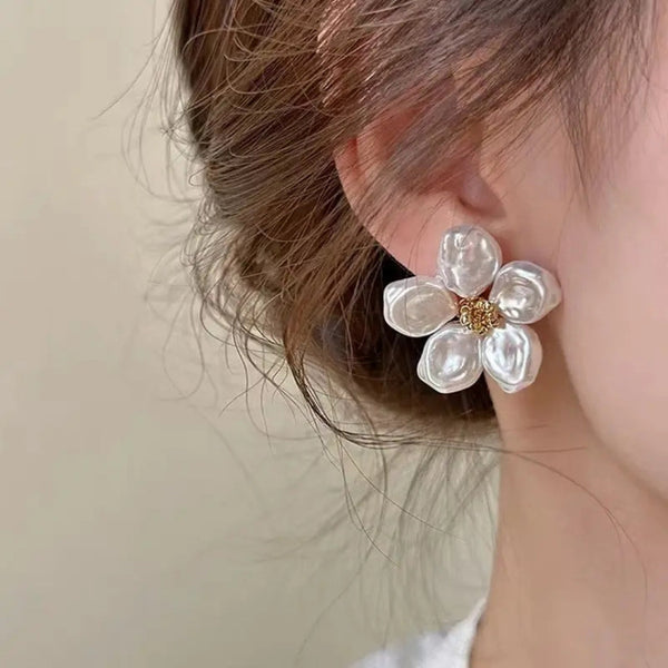 White Gold Plated Pearl Petal Flower Stud Earring Boho Bloom