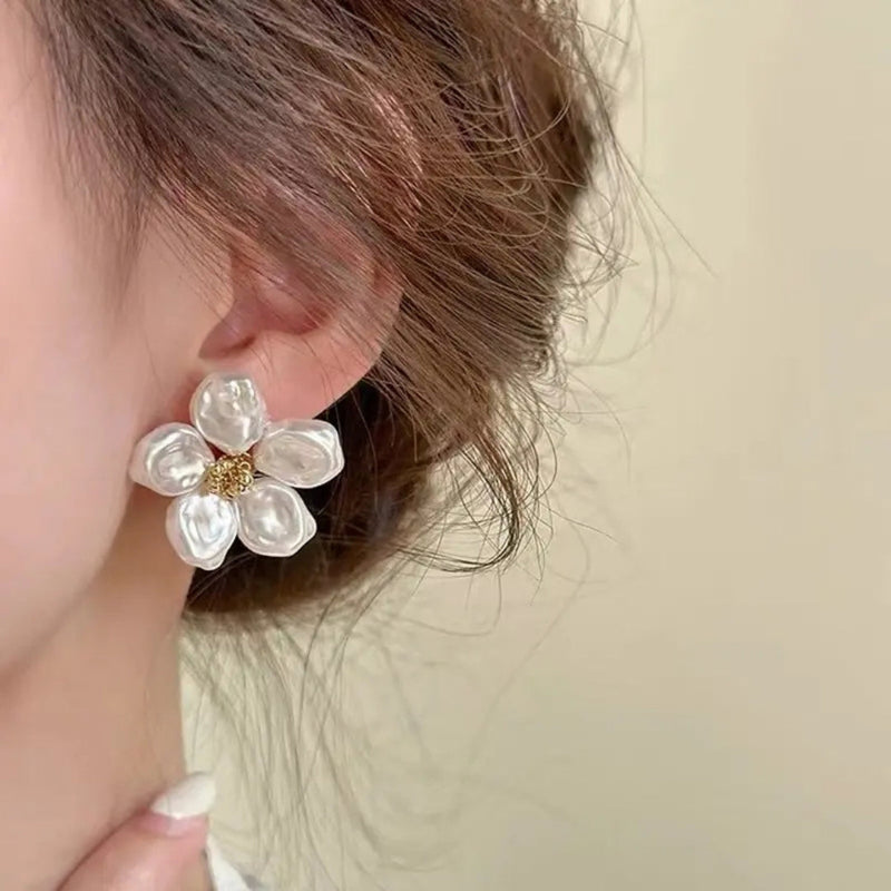 White Gold Plated Pearl Petal Flower Stud Earring Boho Bloom