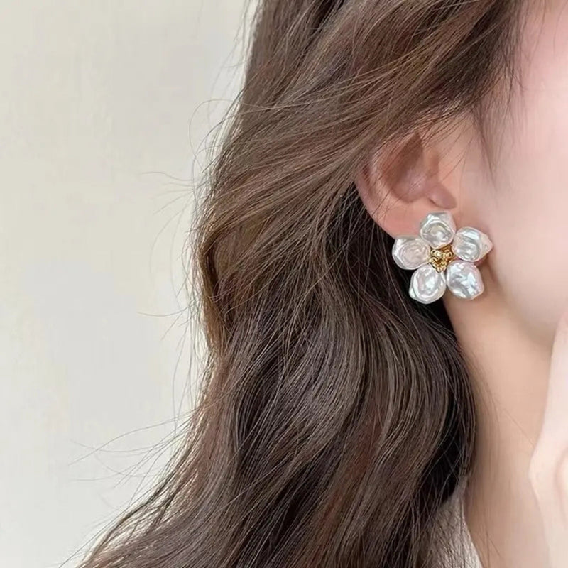 White Gold Plated Pearl Petal Flower Stud Earring Boho Bloom