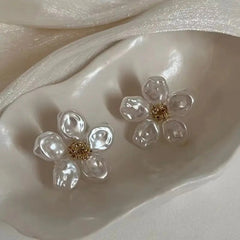White Gold Plated Pearl Petal Flower Stud Earring Boho Bloom