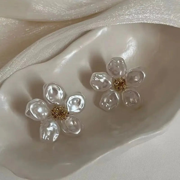 White Gold Plated Pearl Petal Flower Stud Earring Boho Bloom