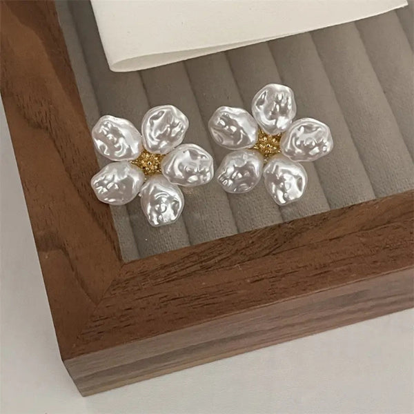 White Gold Plated Pearl Petal Flower Stud Earring Boho Bloom