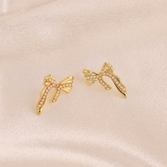 Gold Bow Pearl Design Stud Earrings Boho Bloom