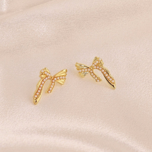 Gold Bow Pearl Design Stud Earrings Boho Bloom