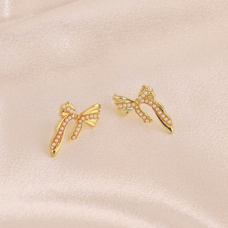 Gold Bow Pearl Design Stud Earrings Boho Bloom