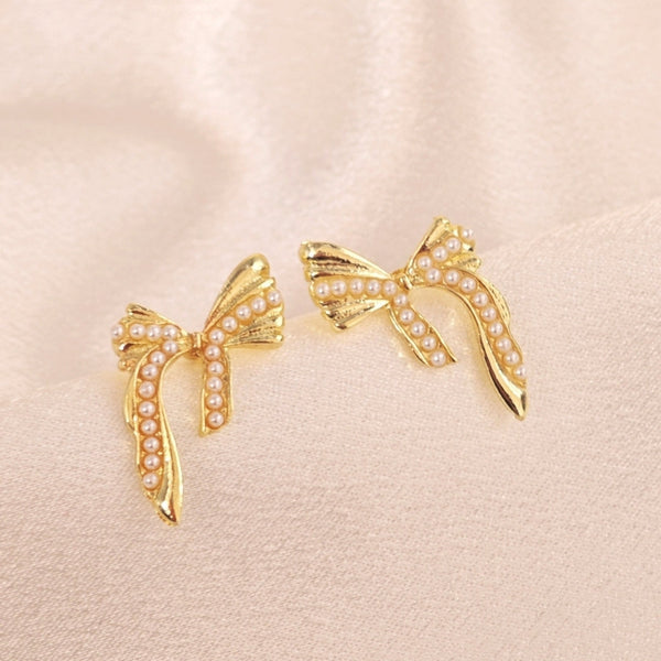 Gold Bow Pearl Design Stud Earrings Boho Bloom