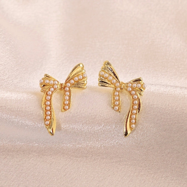 Gold Bow Pearl Design Stud Earrings Boho Bloom