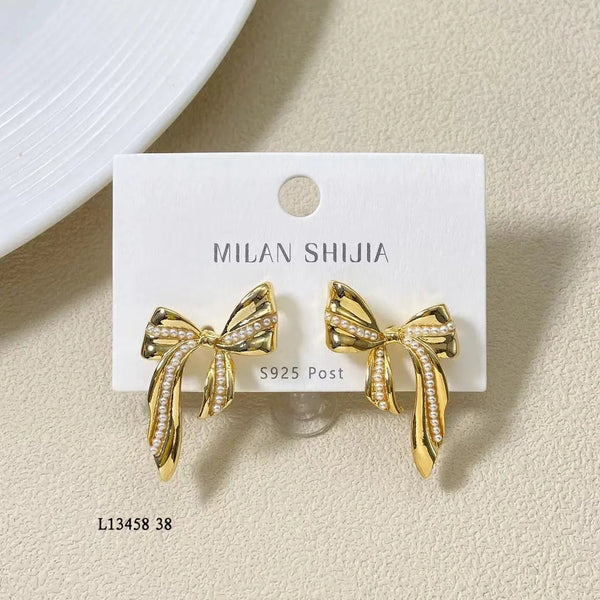 Gold Bow Pearl Design Stud Earrings Boho Bloom