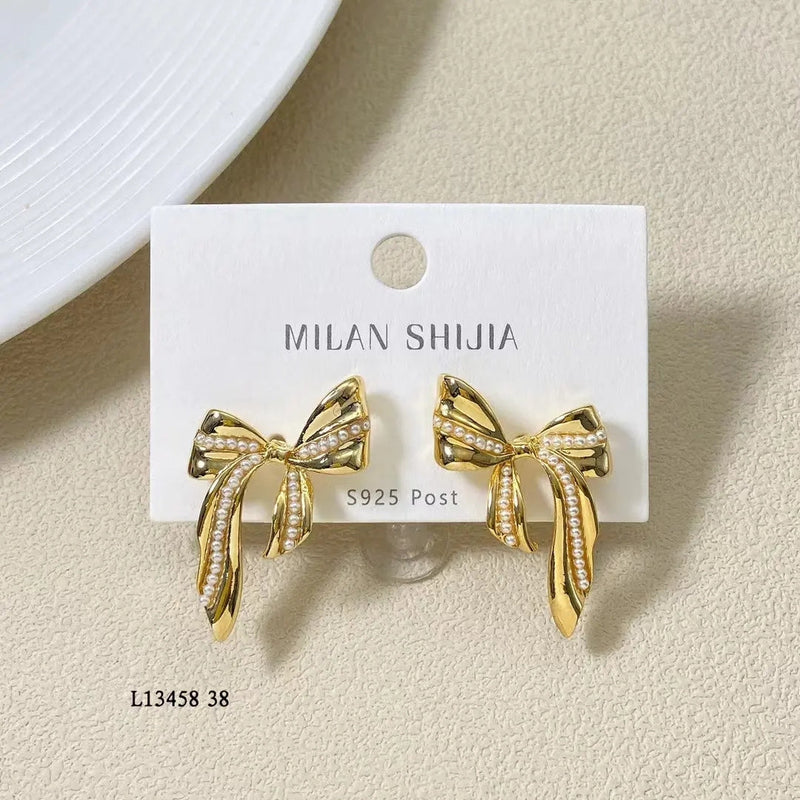 Gold Bow Pearl Design Stud Earrings Boho Bloom