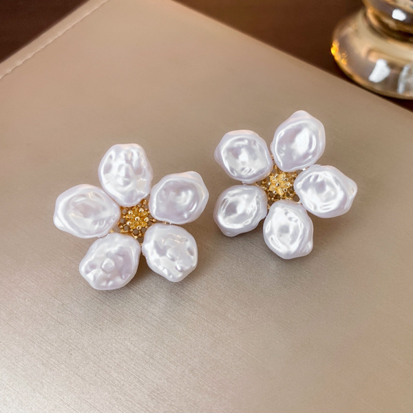 White Pearls and Flowers Earrings Boho Bloom