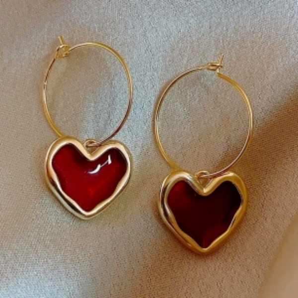 Golden Plated Red Heart Hoop Earring Boho Bloom