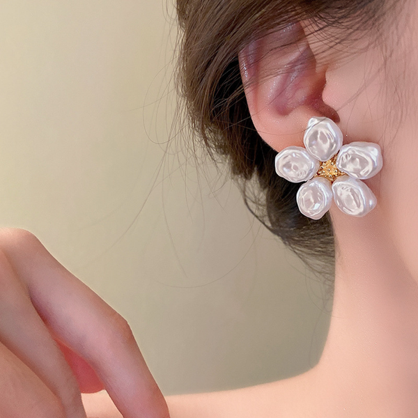 White Pearls and Flowers Earrings Boho Bloom