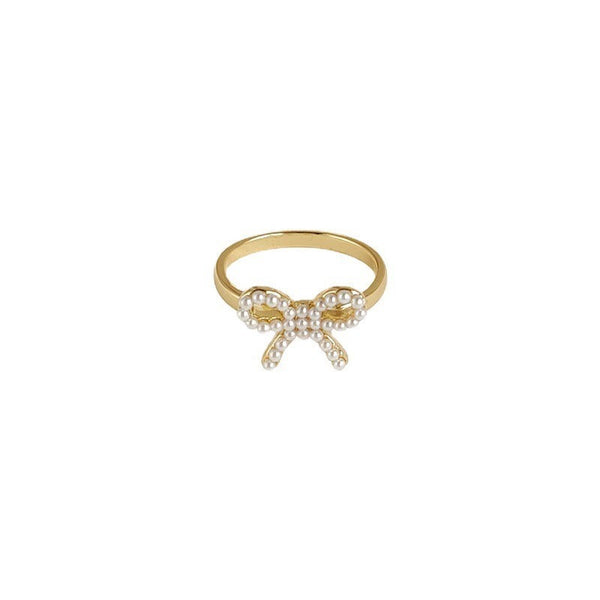 Gold Bow Ring With White Pearl Boho Bloom