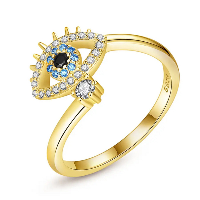 Evil Eye With Blue And white Shiny Crystal Ring Boho Bloom