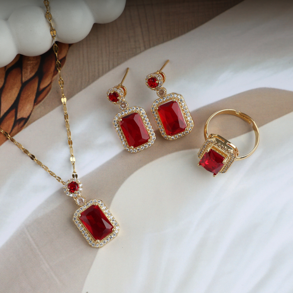 Love Red Cube Shape Necklace, Ring, Earring Set Boho Bloom