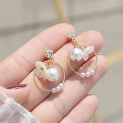 White Circle Flower Zircon Pearl Earrings Boho Bloom