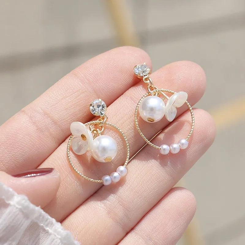 White Circle Flower Zircon Pearl Earrings Boho Bloom
