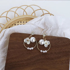 White Circle Flower Zircon Pearl Earrings Boho Bloom