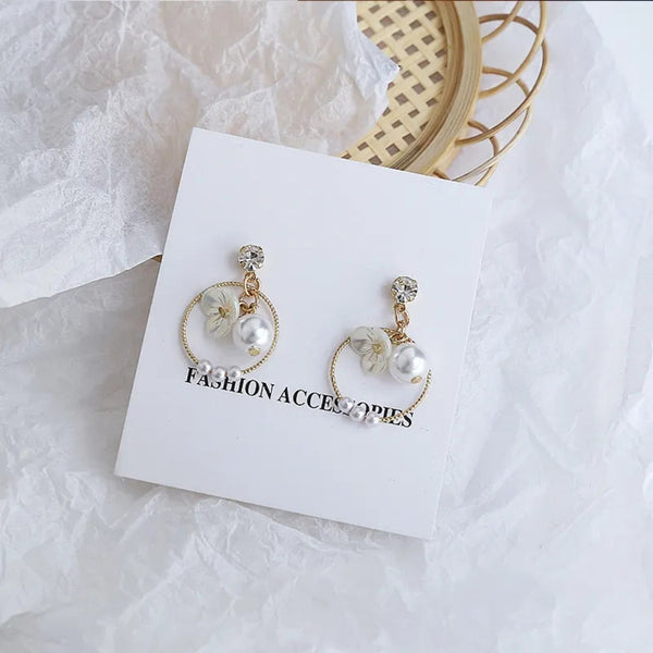 White Circle Flower Zircon Pearl Earrings Boho Bloom