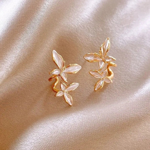 White Vintage Double Butterfly Earrings Boho Bloom