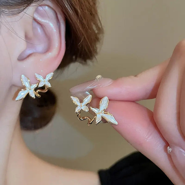 White Vintage Double Butterfly Earrings Boho Bloom