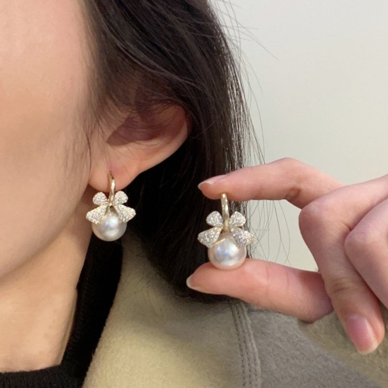 Gold Plated Rhinestone Knot Pearl Drop Earring Boho Bloom