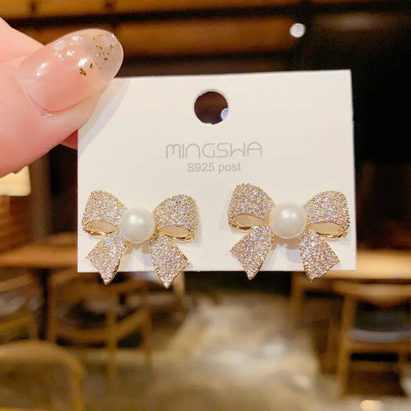 New Bow Shaped Pearl Zircon Stud Earrings Boho Bloom