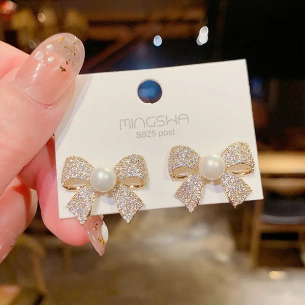 New Bow Shaped Pearl Zircon Stud Earrings Boho Bloom