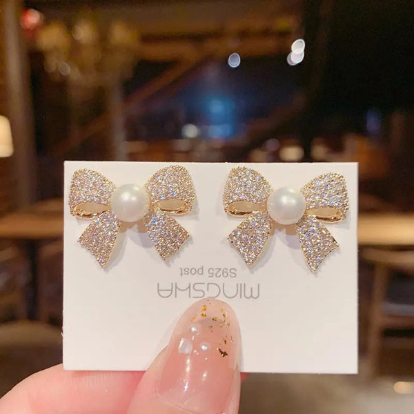 New Bow Shaped Pearl Zircon Stud Earrings Boho Bloom