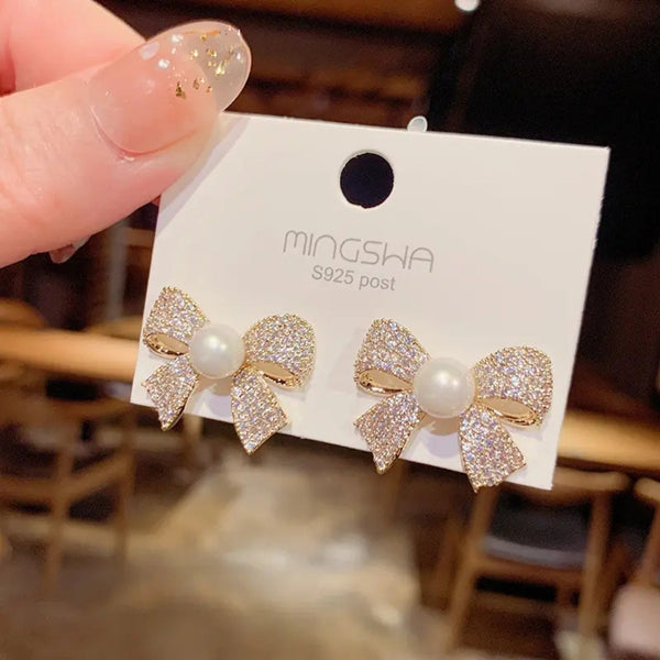 New Bow Shaped Pearl Zircon Stud Earrings Boho Bloom