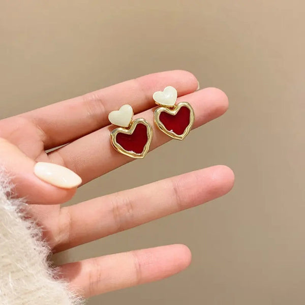 Burgundy Red Enamel Heart Earrings Beauty NX