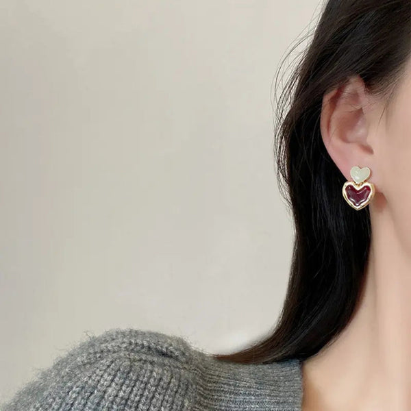 Burgundy Red Enamel Heart Earrings Beauty NX