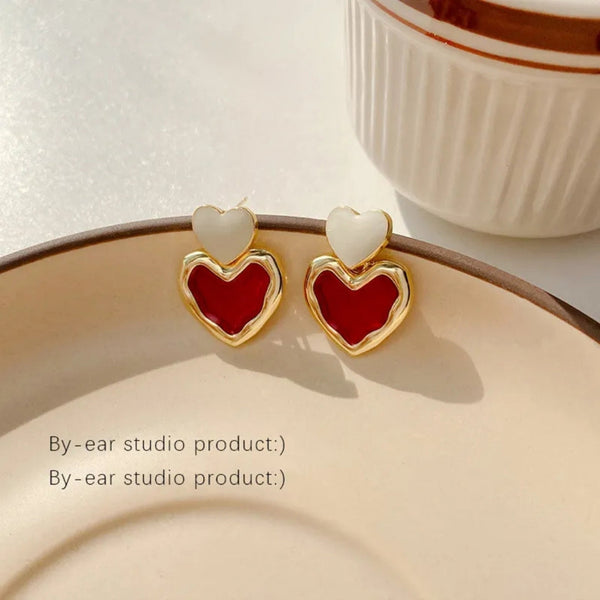 Burgundy Red Enamel Heart Earrings Beauty NX